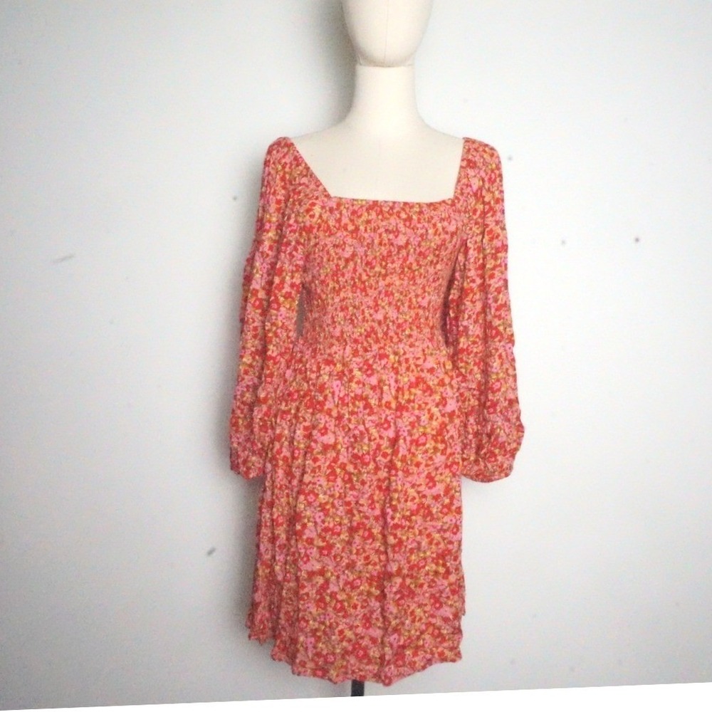 Billabong Womens Red Pink Floral Smocked Puff Sleeve Mini Dress XS Coquette